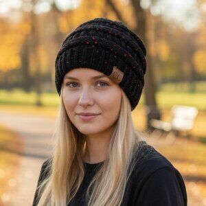 2/$30 Black Beanie Confetti Speckled Knit Messy Bun Ponytail Hole Slouchy Hat OS